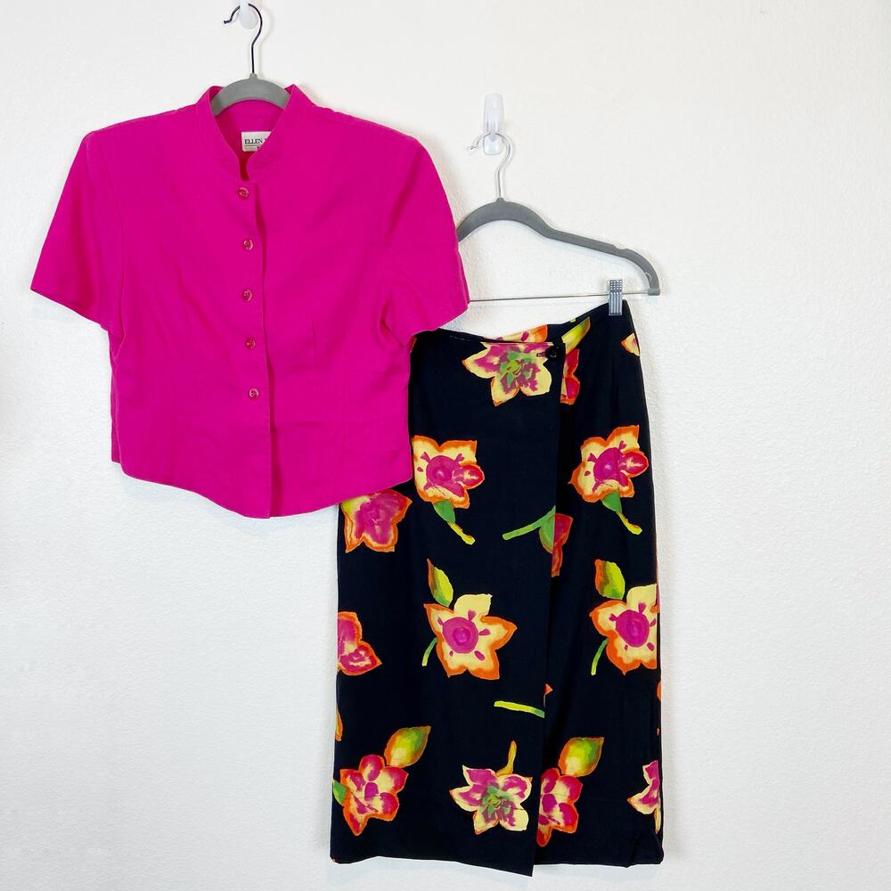 Skirt Suit Bold Pink Tropical Ellen Figg Tropical Floral 2-pc Vintage sz 10P